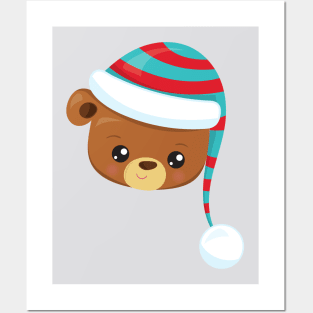 Winter Bear, Brown Bear, Cute Bear, Bear With Hat Posters and Art